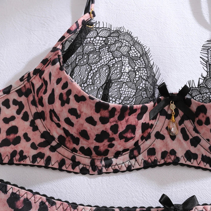 Women's Leopard Print Lace Trim Lingerie Set