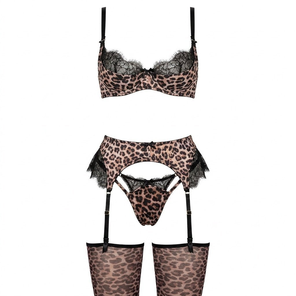 Women's Leopard Print Lace Trim Lingerie Set - Leopard