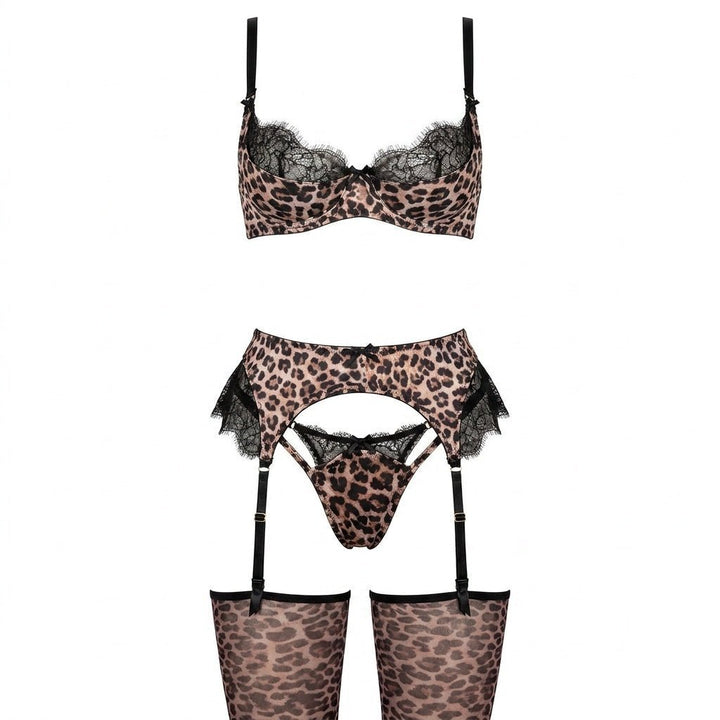Women's Leopard Print Lace Trim Lingerie Set - Leopard