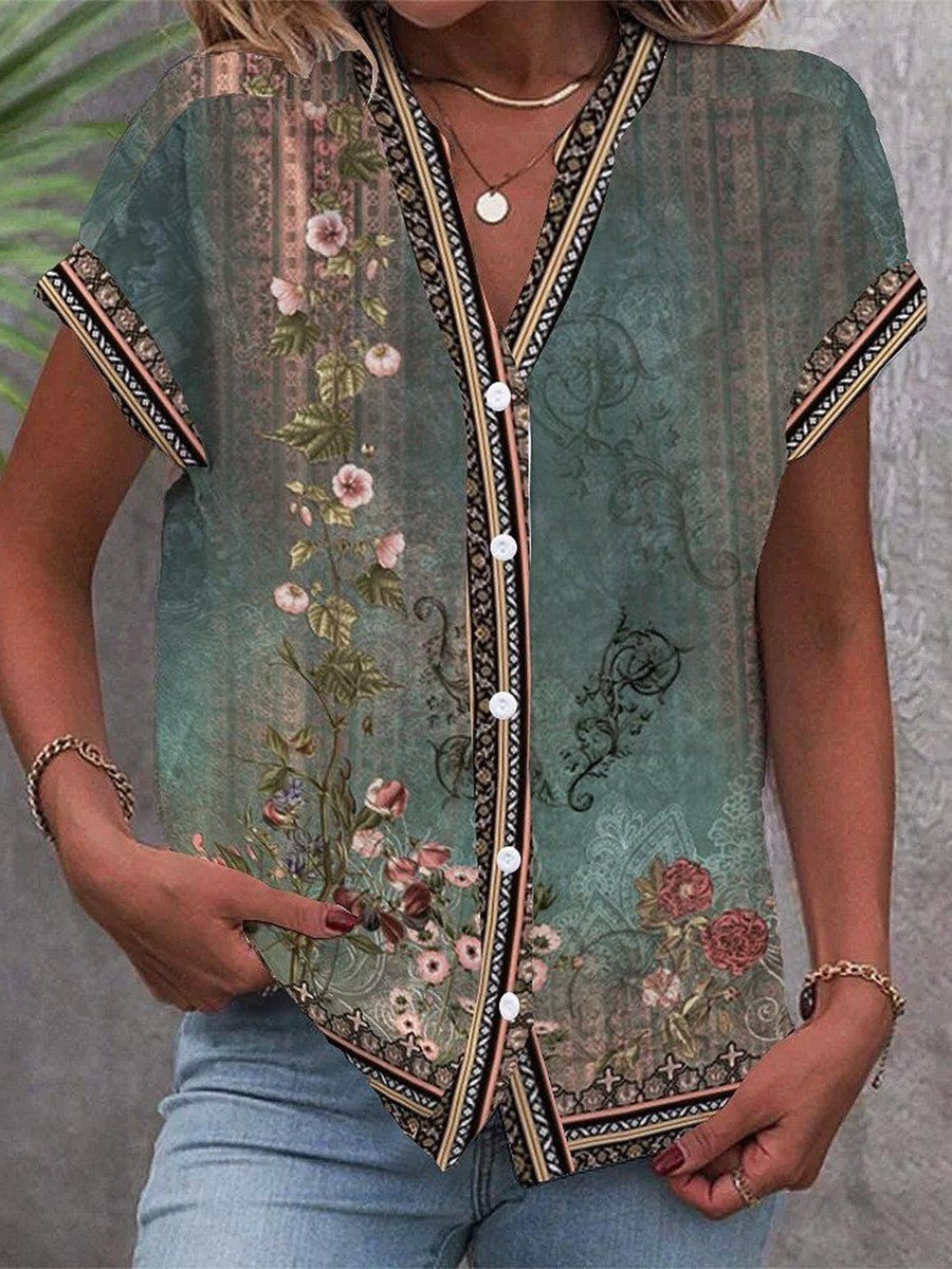 Women's Lightweight Boho Floral V-Neck Button-Down Blouse