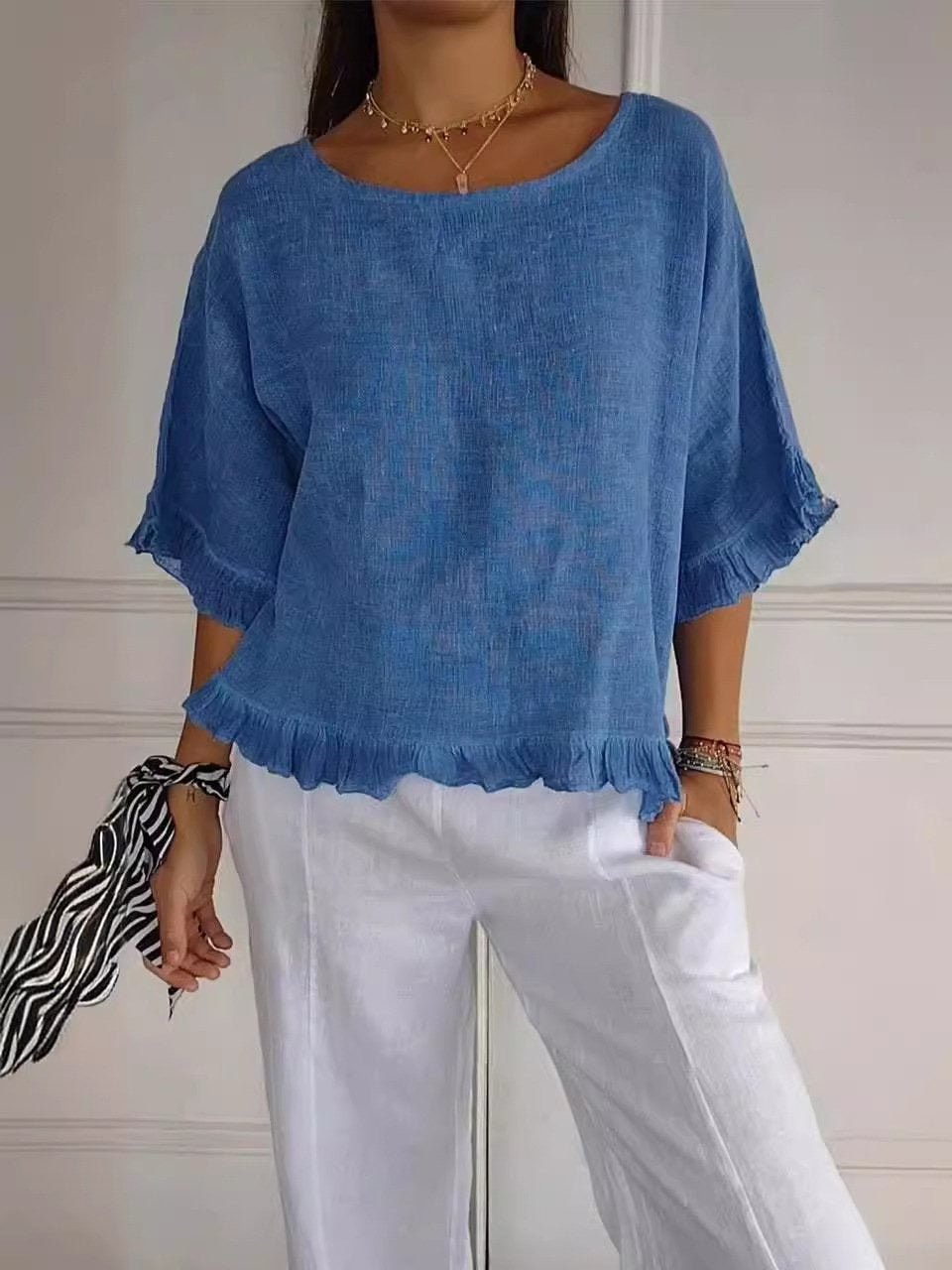 Women's Lightweight Fringe-Detail Short-Sleeve Blouse - Blue (Almost sold out)