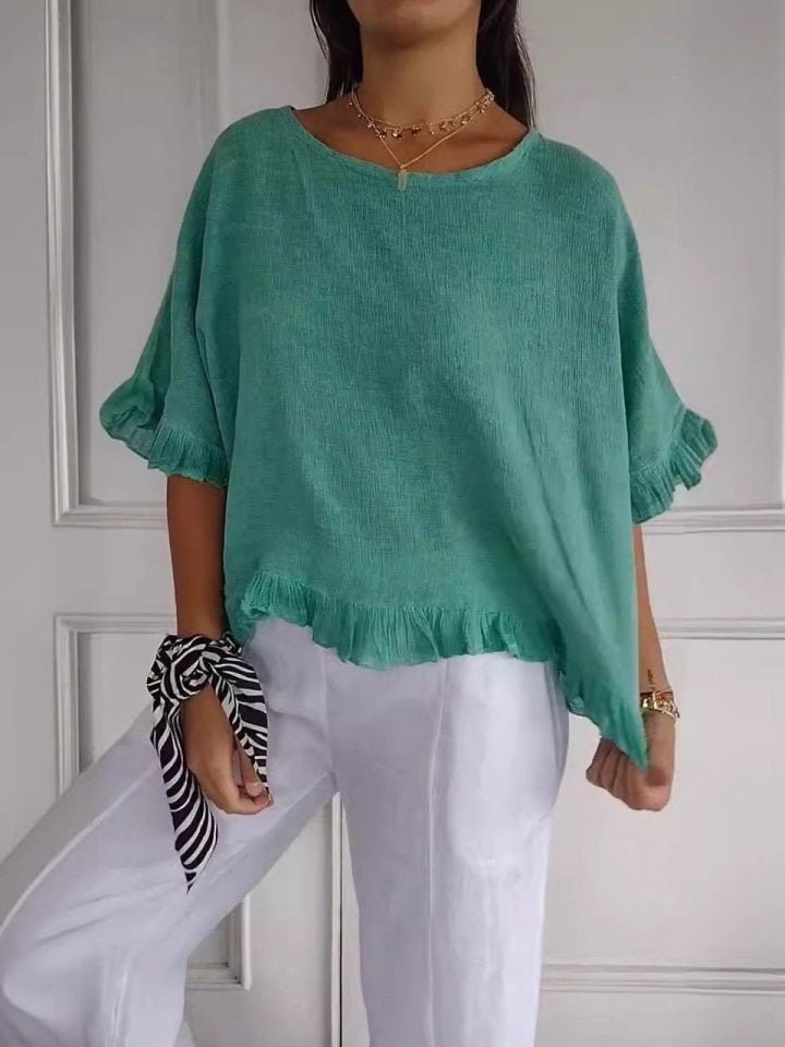 Women's Lightweight Fringe-Detail Short-Sleeve Blouse - Green (Almost sold out)