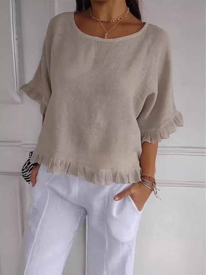 Women's Lightweight Fringe-Detail Short-Sleeve Blouse - Beige