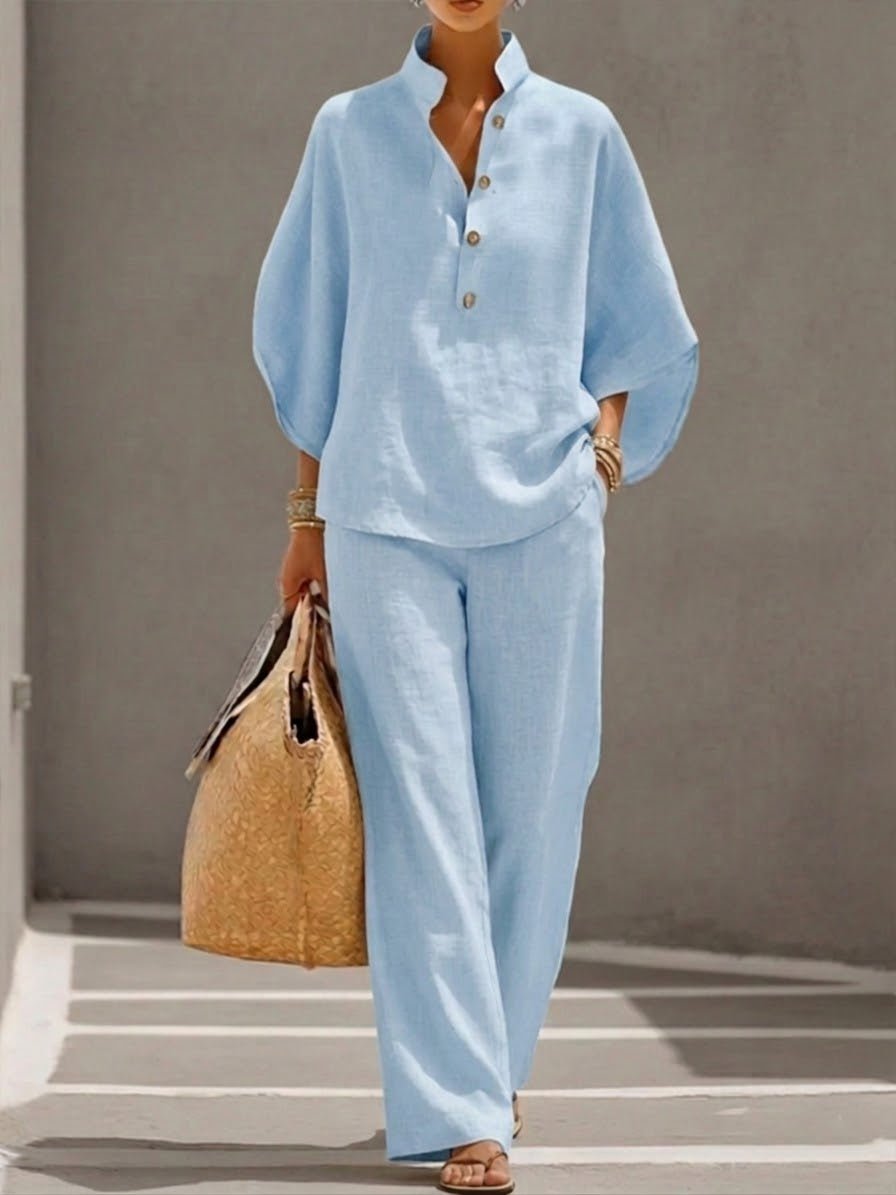 Women's Linen Batwing Sleeve Two-Piece Set Wide Leg Pants - Light Blue
