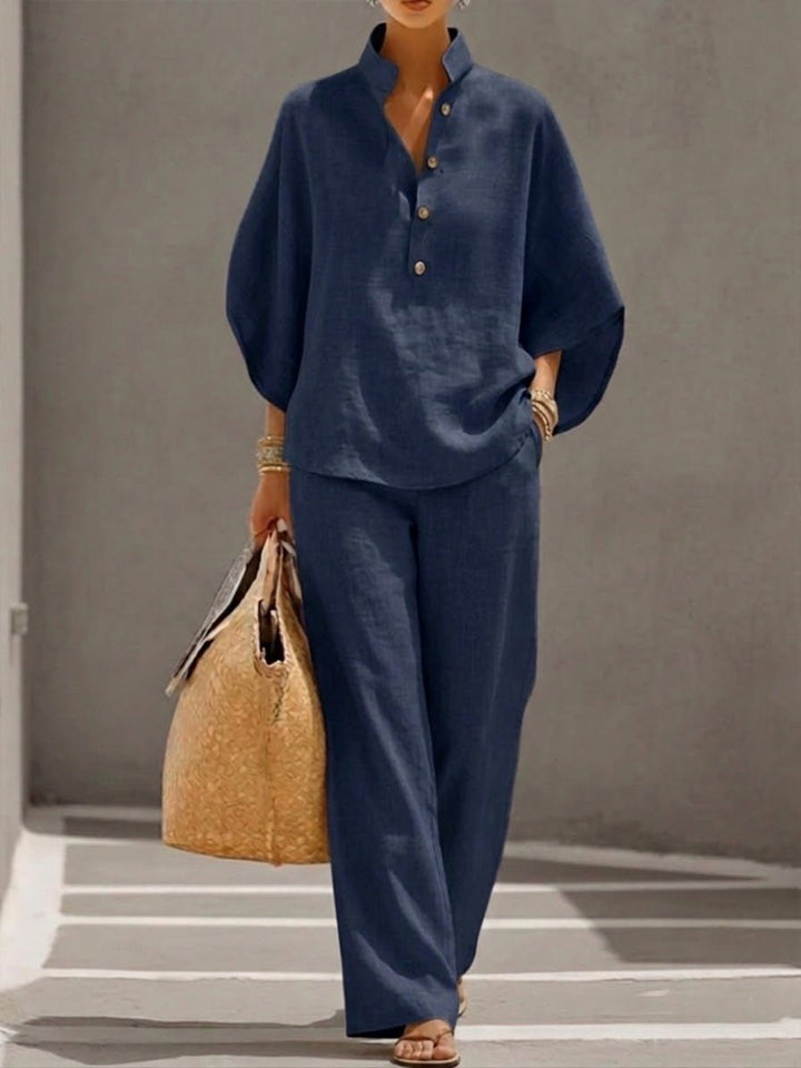 Women's Linen Batwing Sleeve Two-Piece Set Wide Leg Pants - Navy