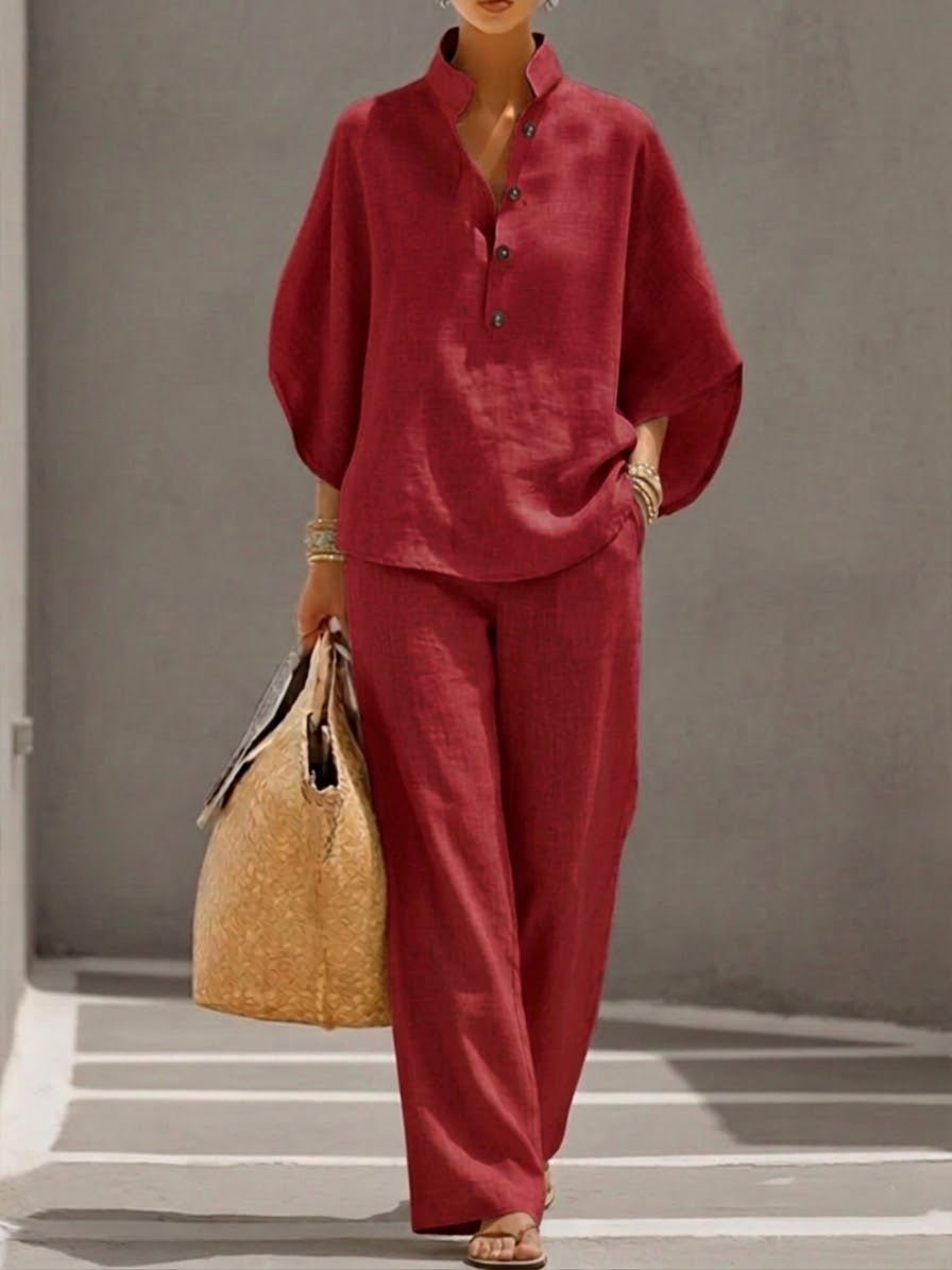 Women's Linen Batwing Sleeve Two-Piece Set Wide Leg Pants - Red