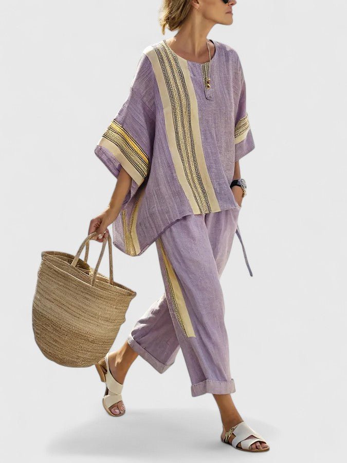 Women's Linen-Blend Geometric-Striped Wide-Leg Coordinate Set - Paars