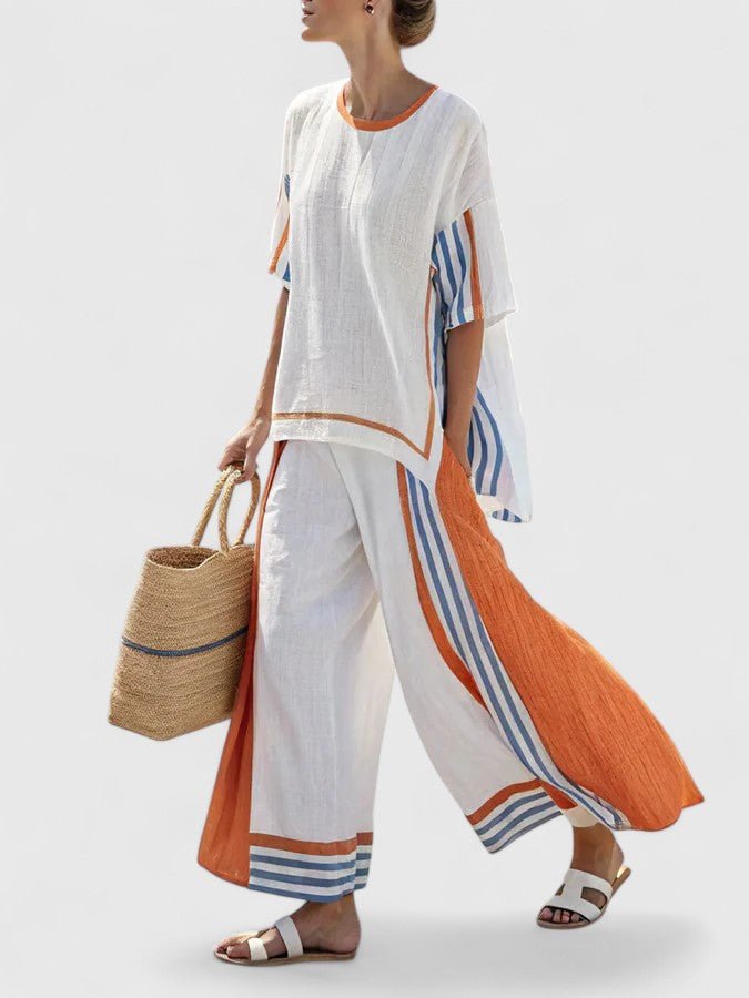 Women's Linen-Blend Geometric-Striped Wide-Leg Coordinate Set - Oranje Streep