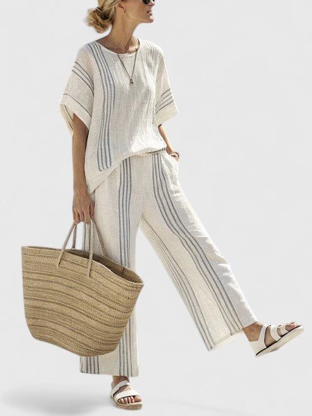 Women's Linen-Blend Geometric-Striped Wide-Leg Coordinate Set - Blauwe streep