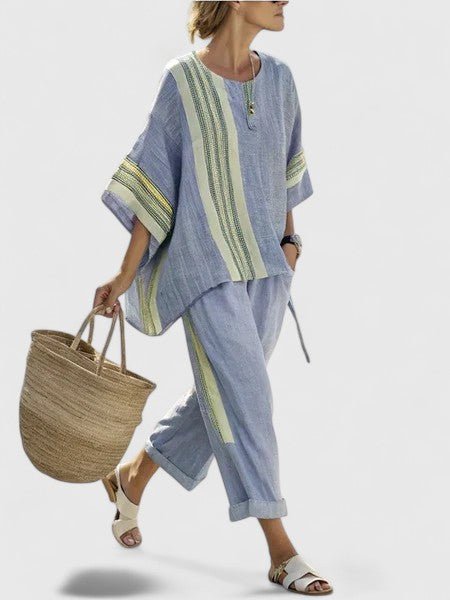 Women's Linen-Blend Geometric-Striped Wide-Leg Coordinate Set - Blauw