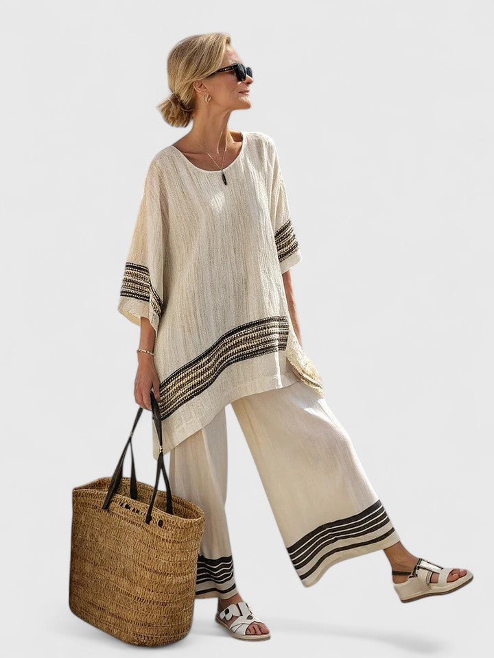 Women's Linen-Blend Geometric-Striped Wide-Leg Coordinate Set - Zwarte Streep