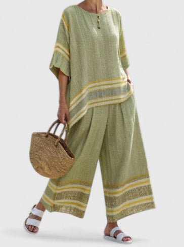 Women's Linen-Blend Geometric-Striped Wide-Leg Coordinate Set - Groen