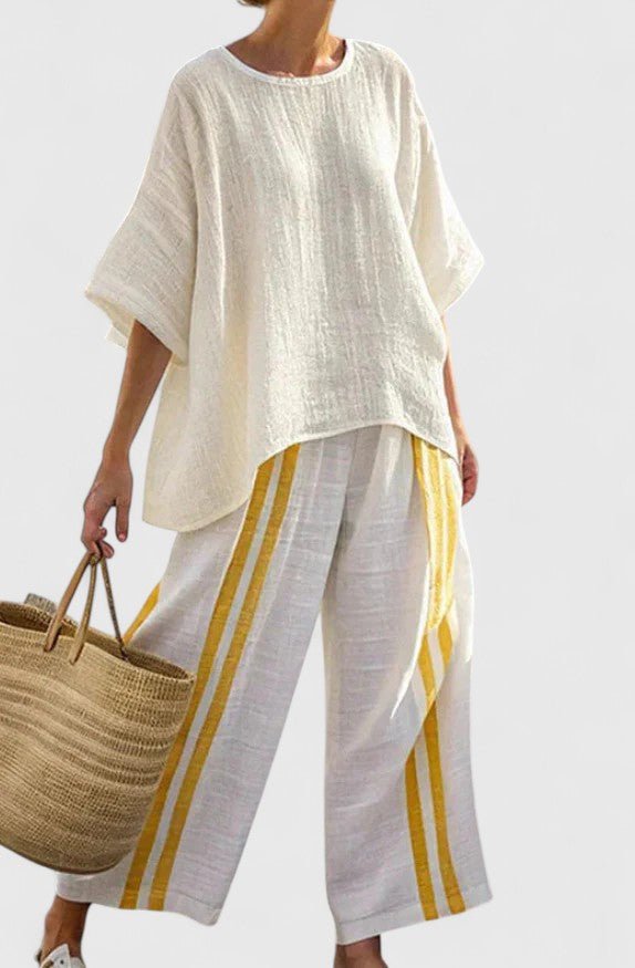 Women's Linen-Blend Geometric-Striped Wide-Leg Coordinate Set - Gele Streep