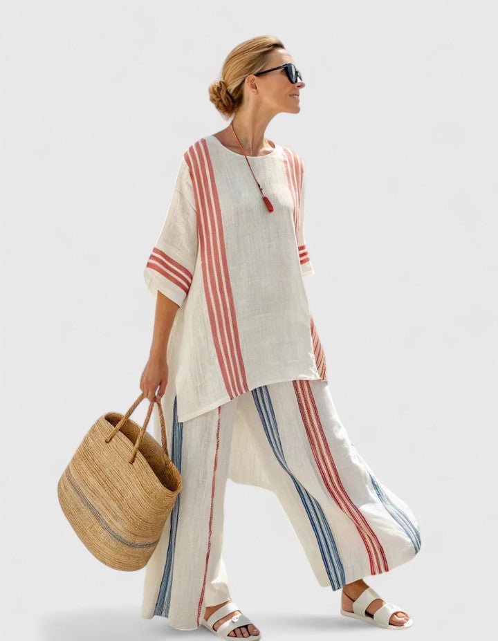 Women's Linen-Blend Geometric-Striped Wide-Leg Coordinate Set - Rode Streep