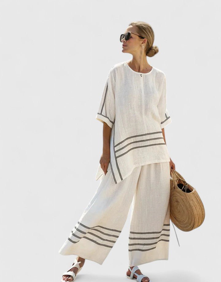 Women's Linen-Blend Geometric-Striped Wide-Leg Coordinate Set - Wit