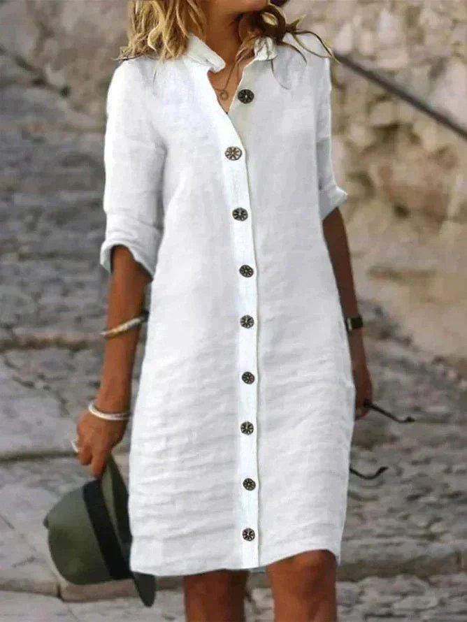 Women's Linen Button-Down Collared Shirt Dress - White