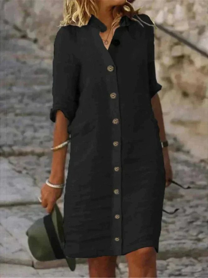 Women's Linen Button-Down Collared Shirt Dress - Black