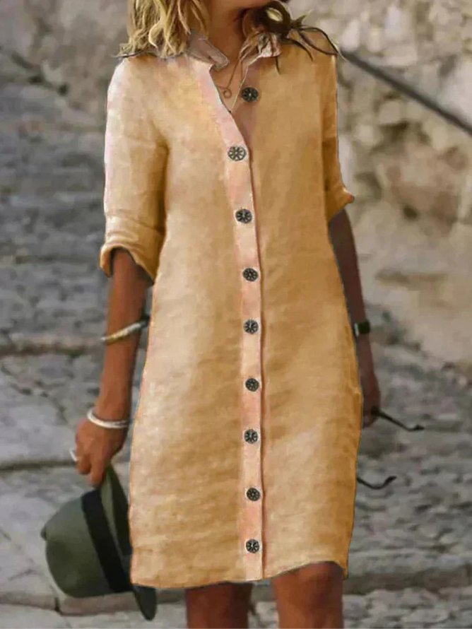 Women's Linen Button-Down Collared Shirt Dress - Khaki
