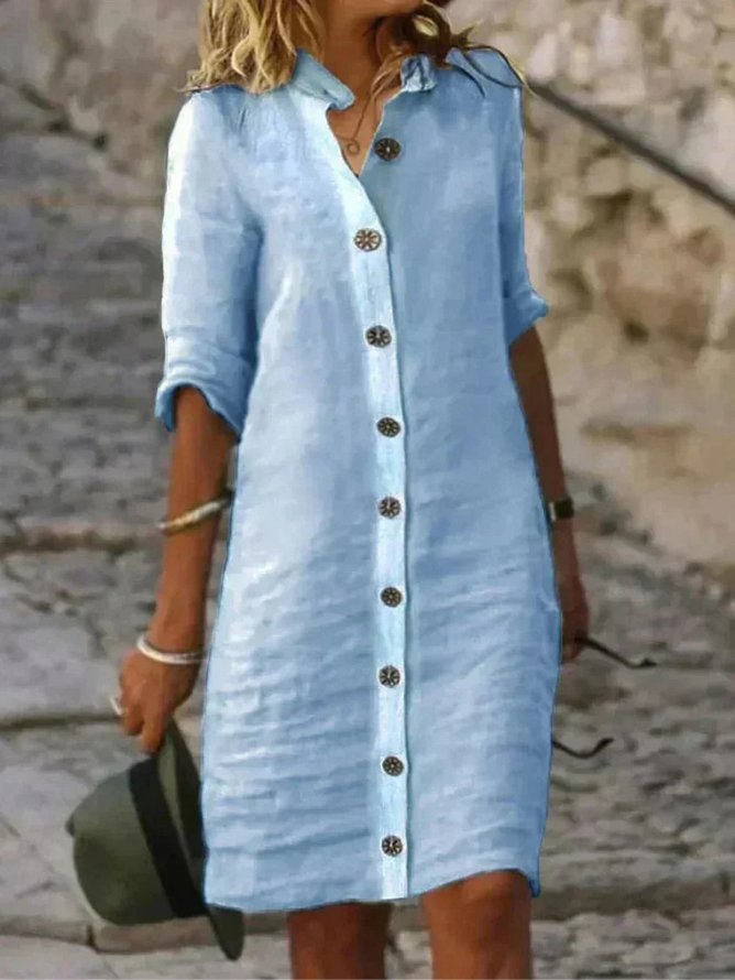 Women's Linen Button-Down Collared Shirt Dress - Light Blue