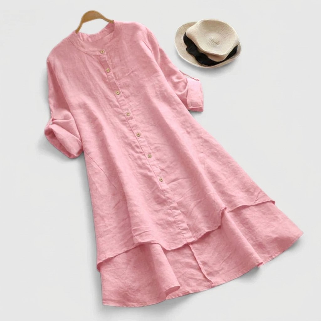 Women's Linen Button-Down Layered-Hem Shirt Dress - Pink