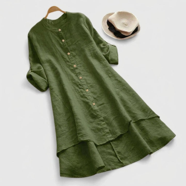 Women's Linen Button-Down Layered-Hem Shirt Dress - Army Green
