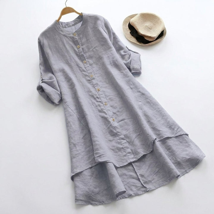 Women's Linen Button-Down Layered-Hem Shirt Dress - Light Gray