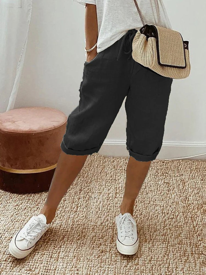 Women's Linen Drawstring Cropped Bermuda Shorts - Black