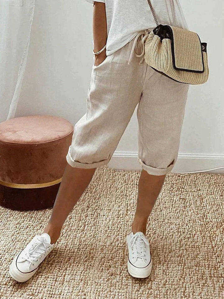 Women's Linen Drawstring Cropped Bermuda Shorts - Beige