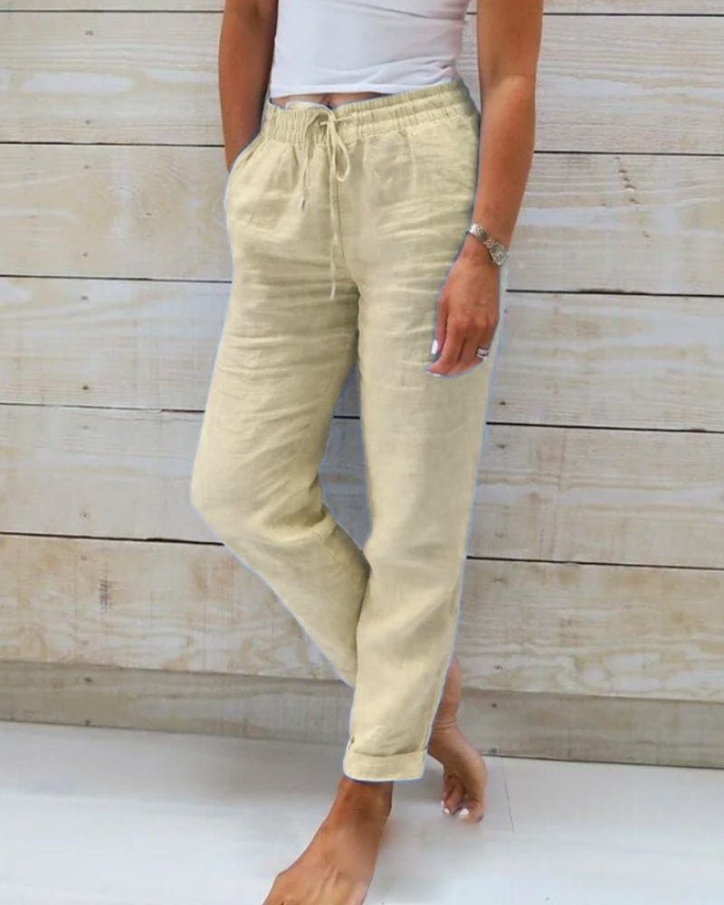 Women's Linen Drawstring Elasticated Waist Straight-Leg Pants - Beige