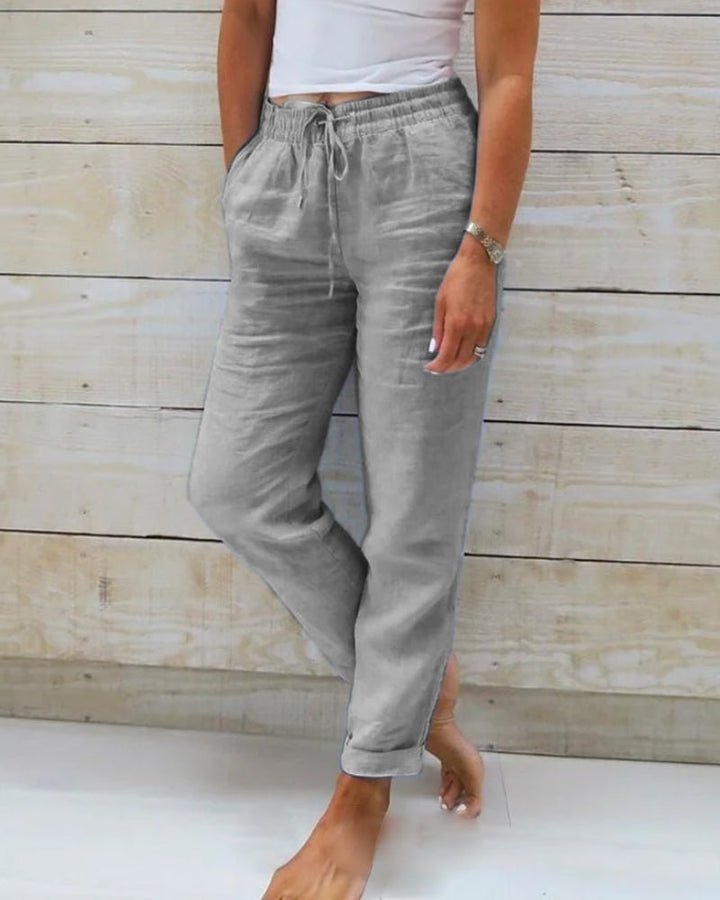 Women's Linen Drawstring Elasticated Waist Straight-Leg Pants - Light Gray