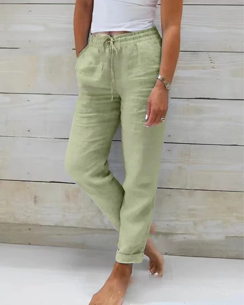 Women's Linen Drawstring Elasticated Waist Straight-Leg Pants - Sage Green