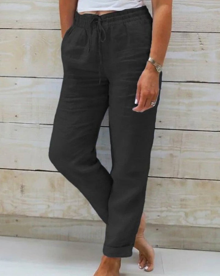 Women's Linen Drawstring Elasticated Waist Straight-Leg Pants - Black