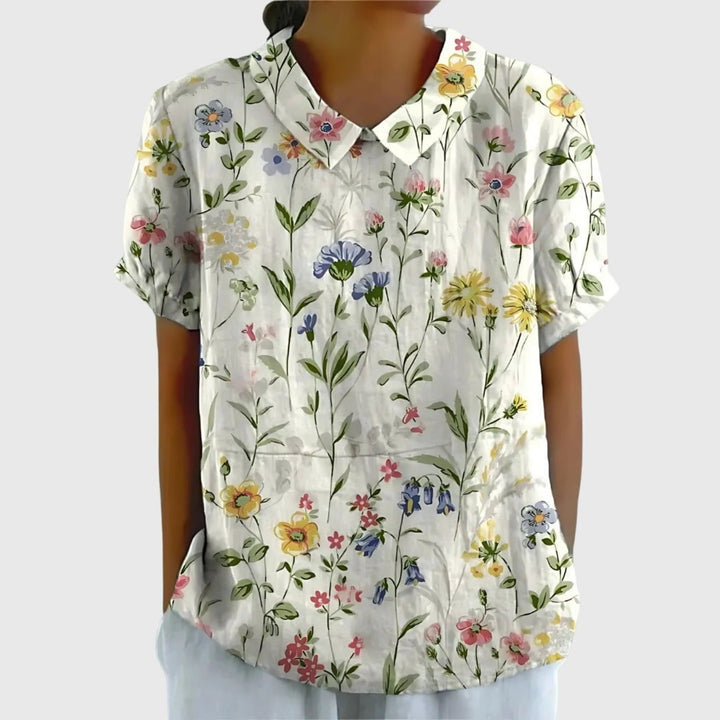 Women's Linen Floral Short Sleeve Collared Blouse - White