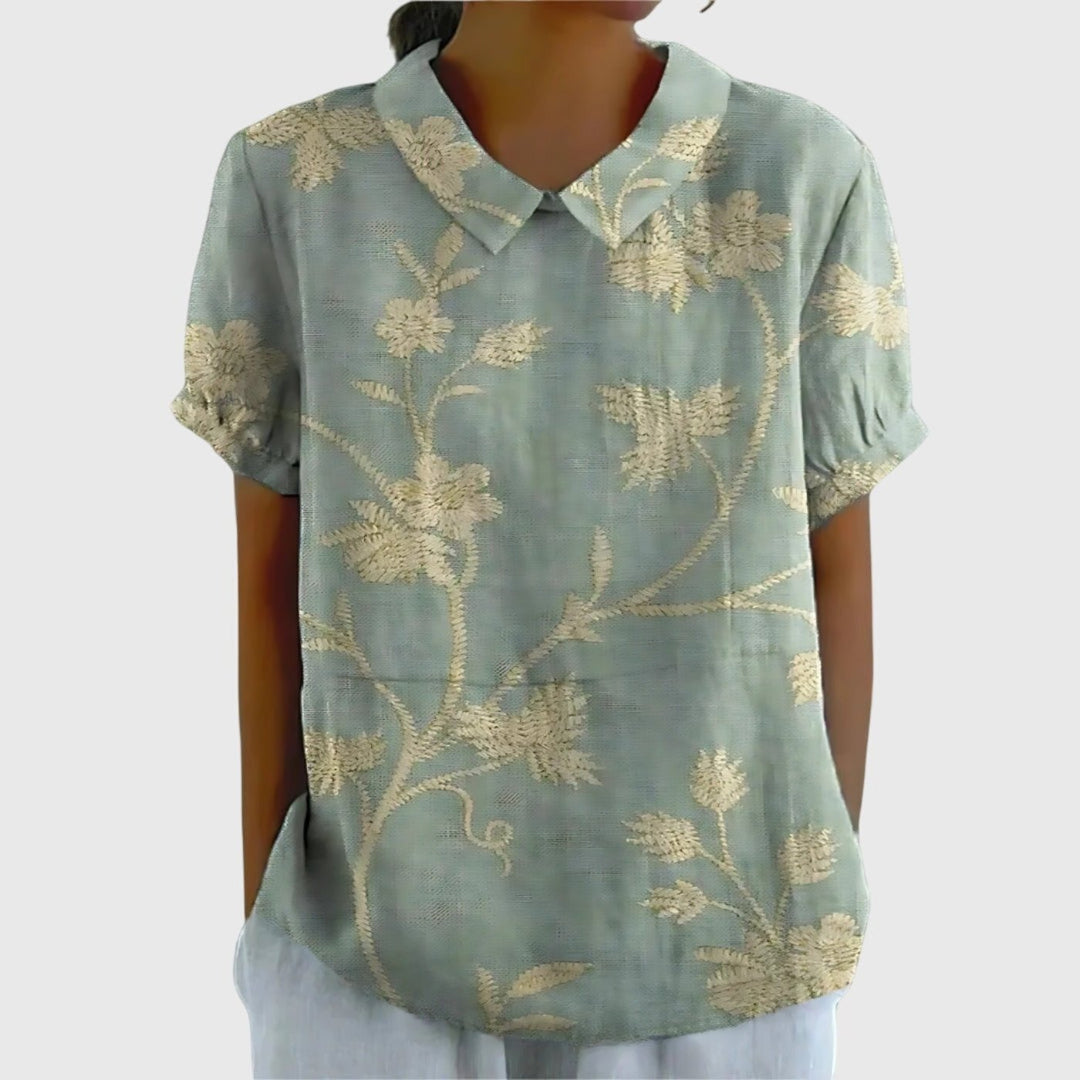 Women's Linen Floral Short Sleeve Collared Blouse - Sage Green 3