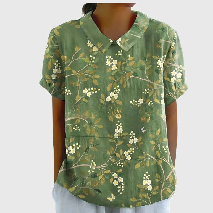 Women's Linen Floral Short Sleeve Collared Blouse - Green