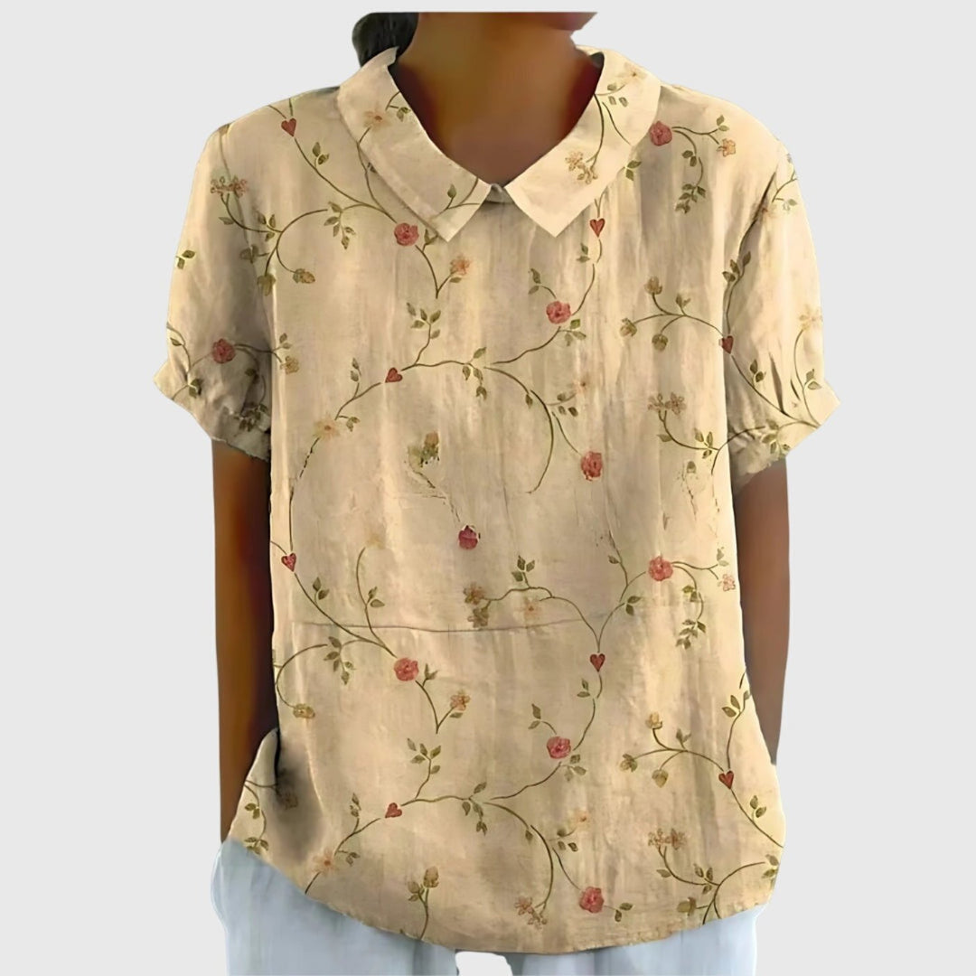 Women's Linen Floral Short Sleeve Collared Blouse - Light Yellow