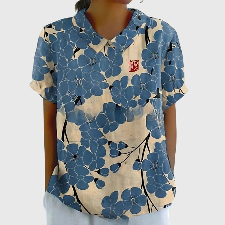 Women's Linen Floral Short Sleeve Collared Blouse - Dusty Blue