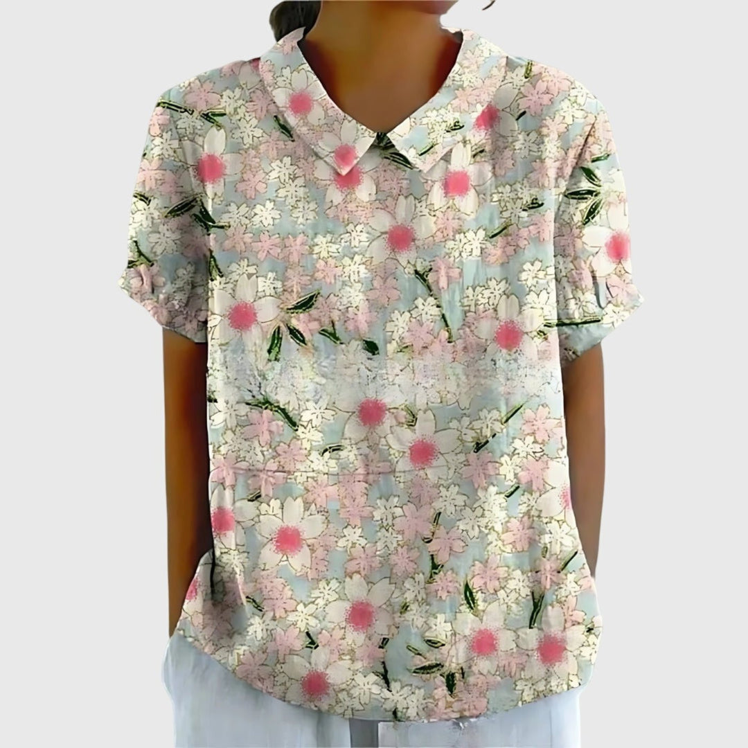 Women's Linen Floral Short Sleeve Collared Blouse - White 2
