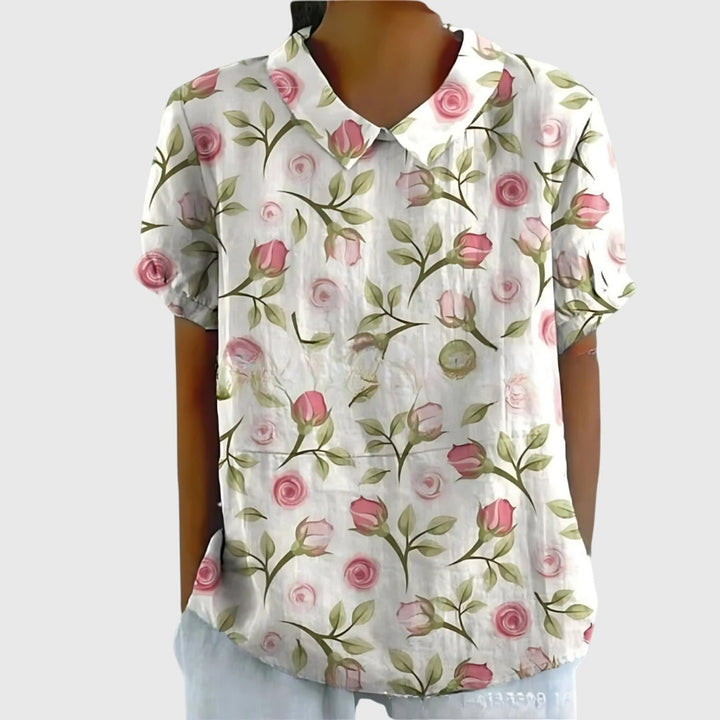 Women's Linen Floral Short Sleeve Collared Blouse - White 3