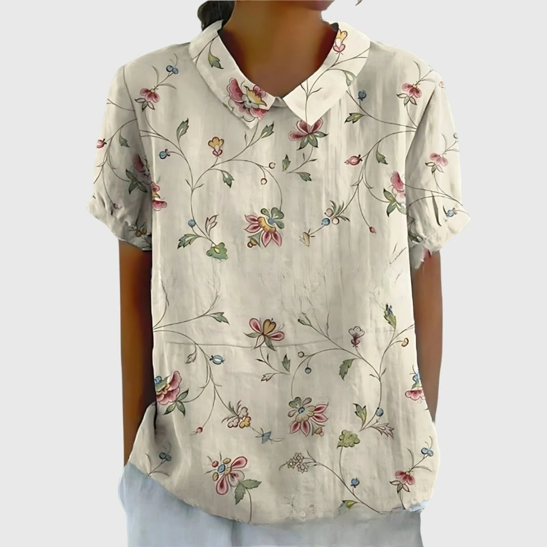 Women's Linen Floral Short Sleeve Collared Blouse - White 4