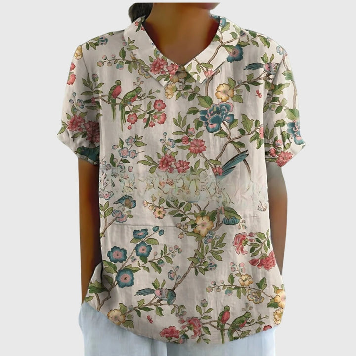 Women's Linen Floral Short Sleeve Collared Blouse - White 5