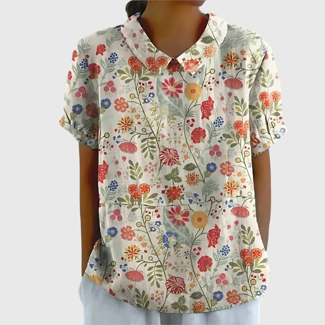 Women's Linen Floral Short Sleeve Collared Blouse - White 6