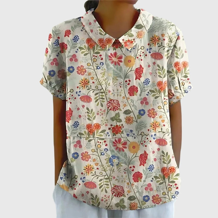 Women's Linen Floral Short Sleeve Collared Blouse - White 6