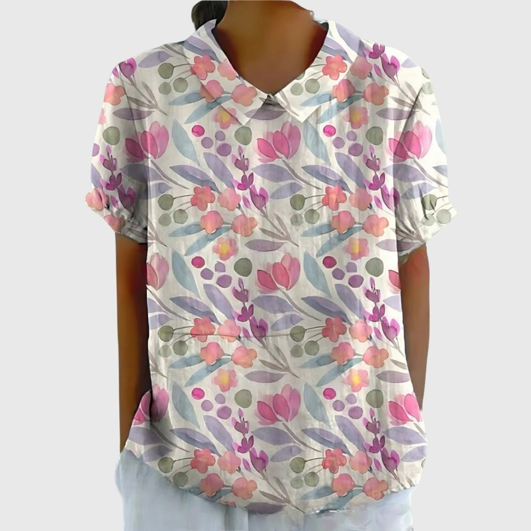 Women's Linen Floral Short Sleeve Collared Blouse - White 7