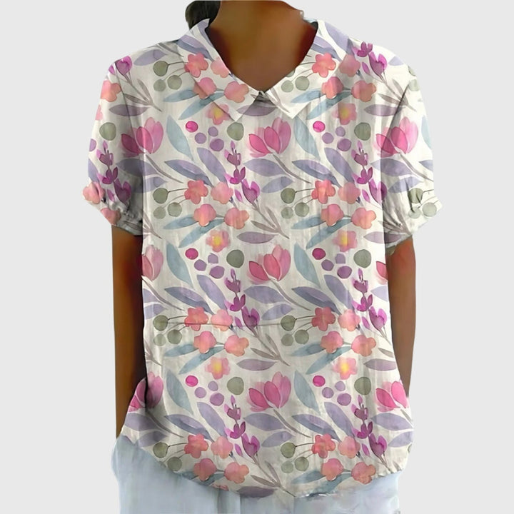 Women's Linen Floral Short Sleeve Collared Blouse - White 7