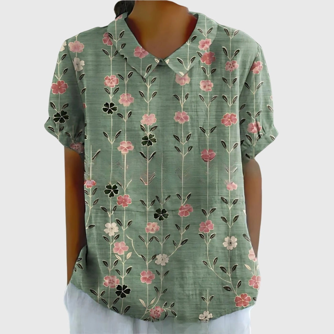 Women's Linen Floral Short Sleeve Collared Blouse - Sage Green