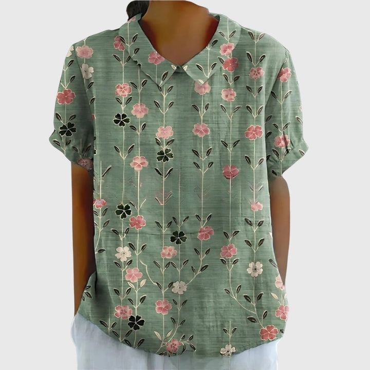 Women's Linen Floral Short Sleeve Collared Blouse - Sage Green