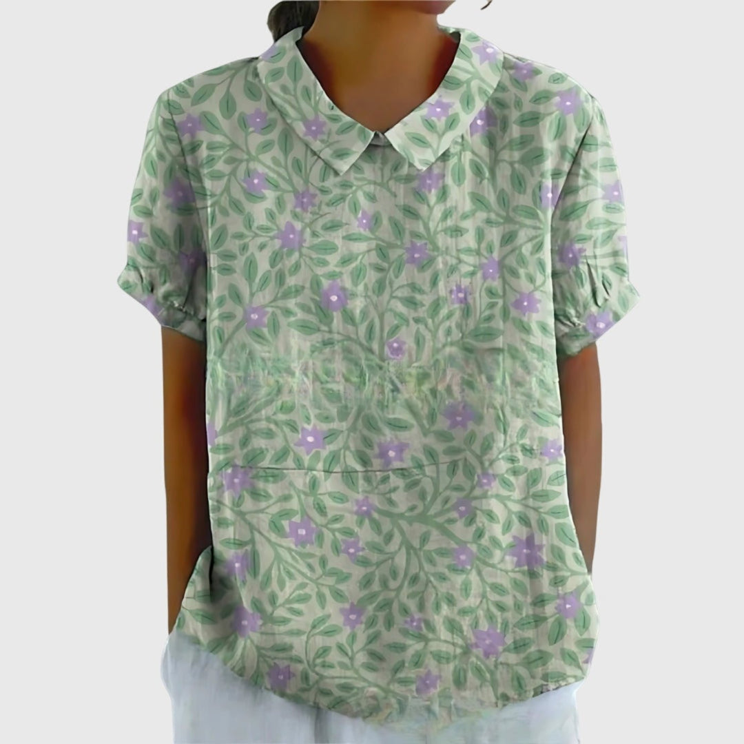 Women's Linen Floral Short Sleeve Collared Blouse - Sage Green 2
