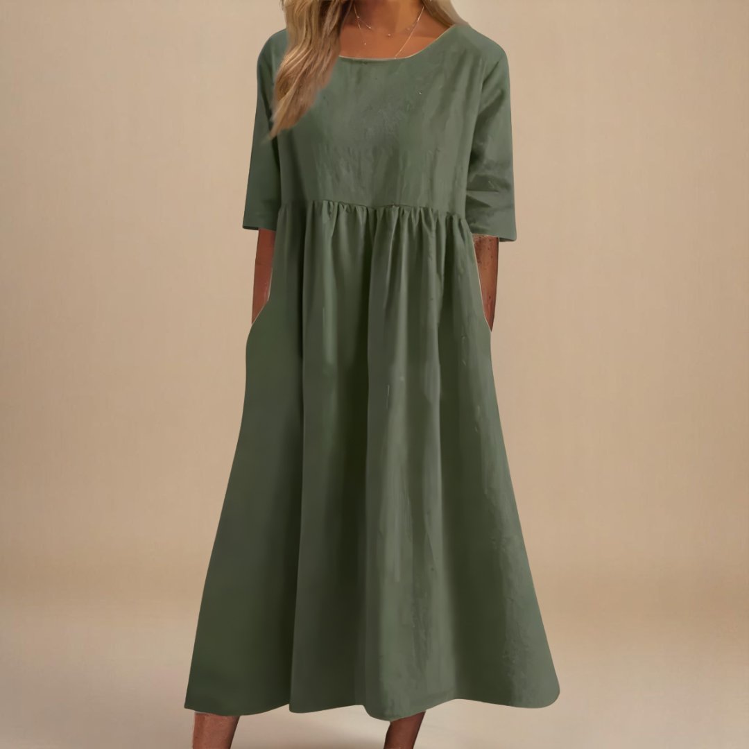 Women's Linen Gathered Waist Half-Sleeve Midi Dress - Army Green