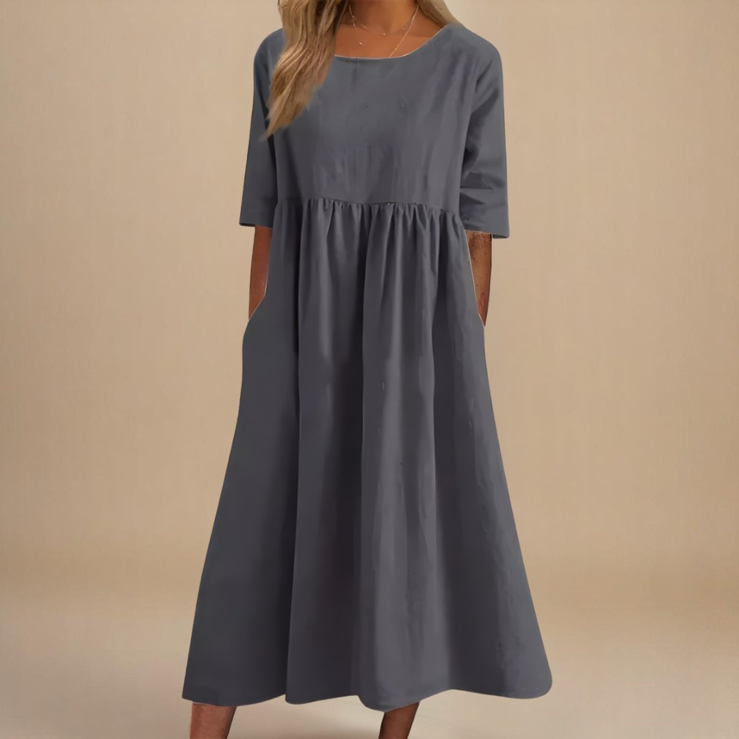 Women's Linen Gathered Waist Half-Sleeve Midi Dress - Gray